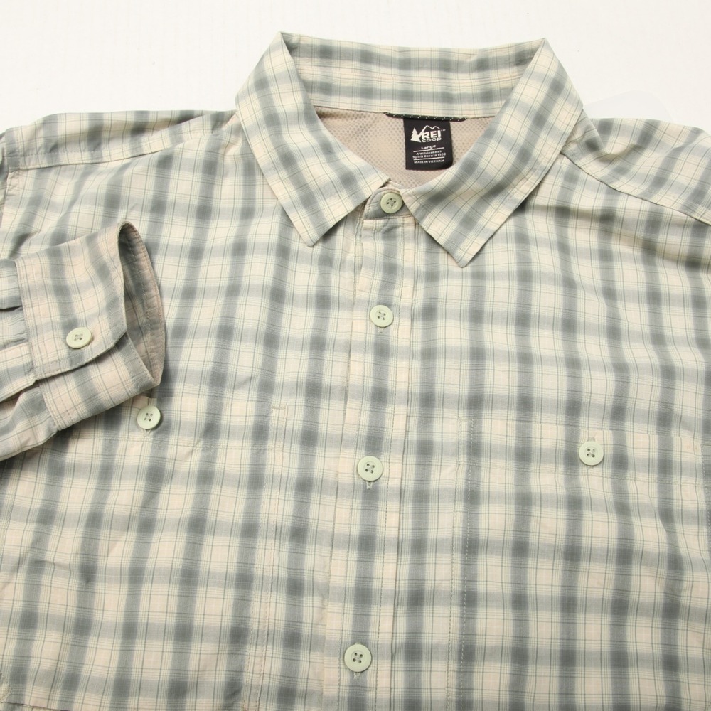 REI Co-op Sahara Hiking Shirt Mens Large Green Plaid Roll-Tab Sleeve Vented